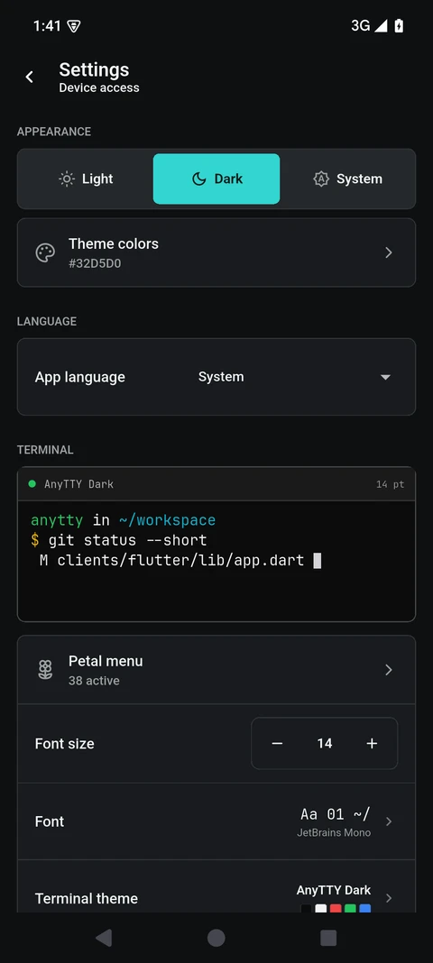 AnyTTY Flutter terminal appearance settings