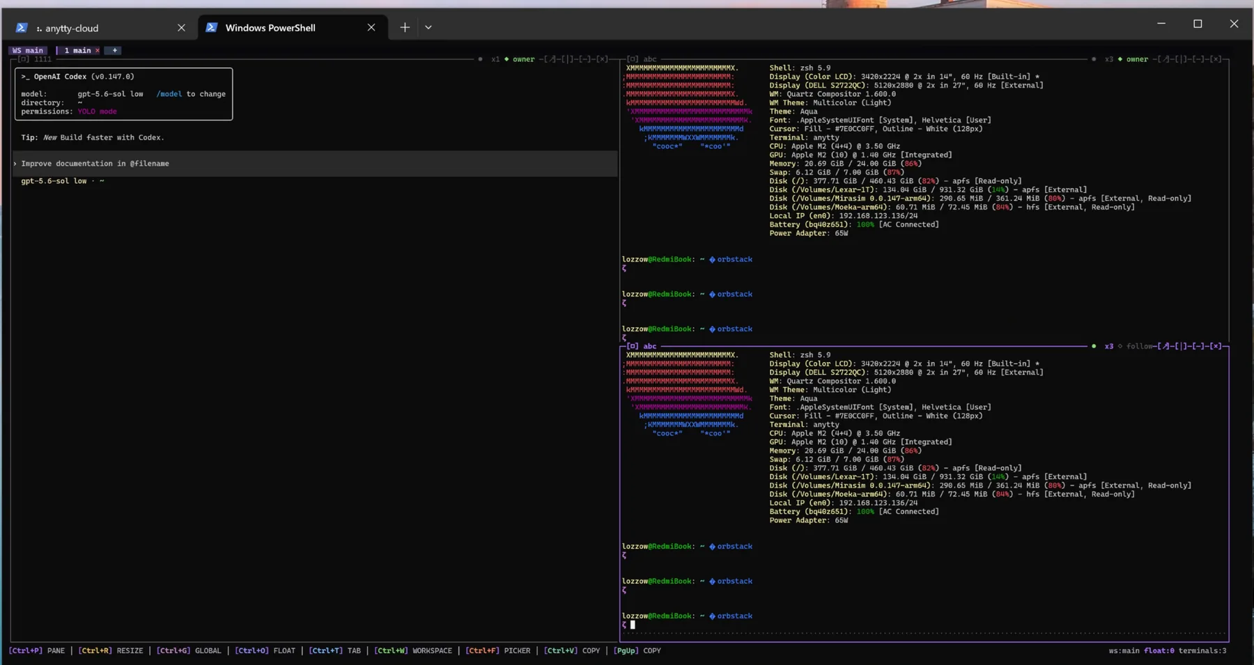 AnyTTY TUI running on Windows with multiple terminals
